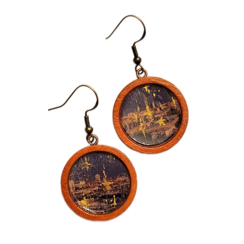 Handmade Earrings, Wood Earrings with "Paris Skyline" Decoupage, Handpainted Art